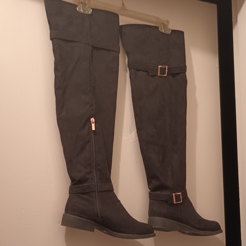 BAMBOO Black Over-the-Knee Boots with Buckle Detail